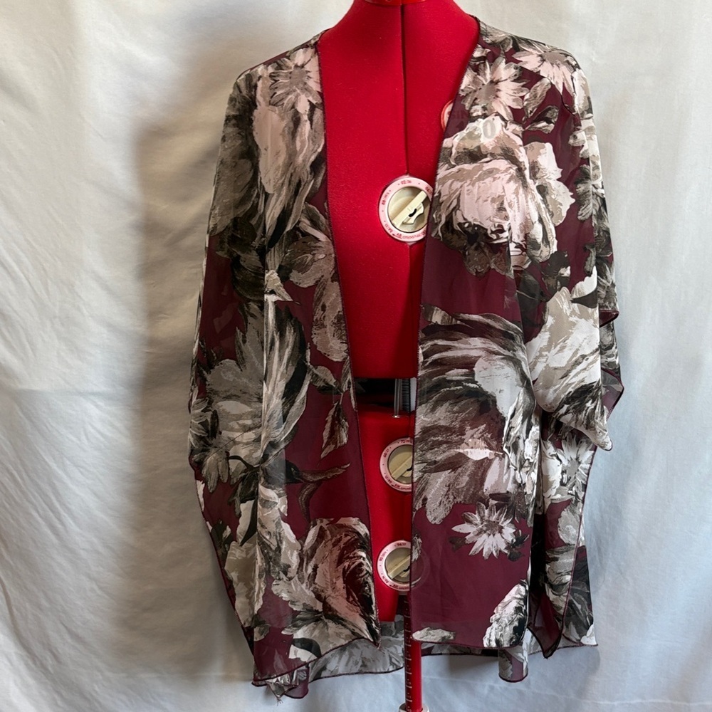 Floral Sheer Cardigan Burgundy and Gray Women's